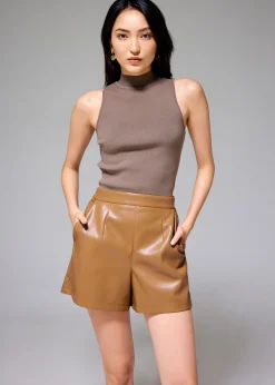 Elastic Vegan Leather High Waist A-line Shorts
