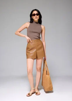 Elastic Vegan Leather High Waist A-line Shorts