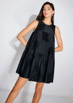 Embroidered Tiered Round Neck Swing Mini Dress