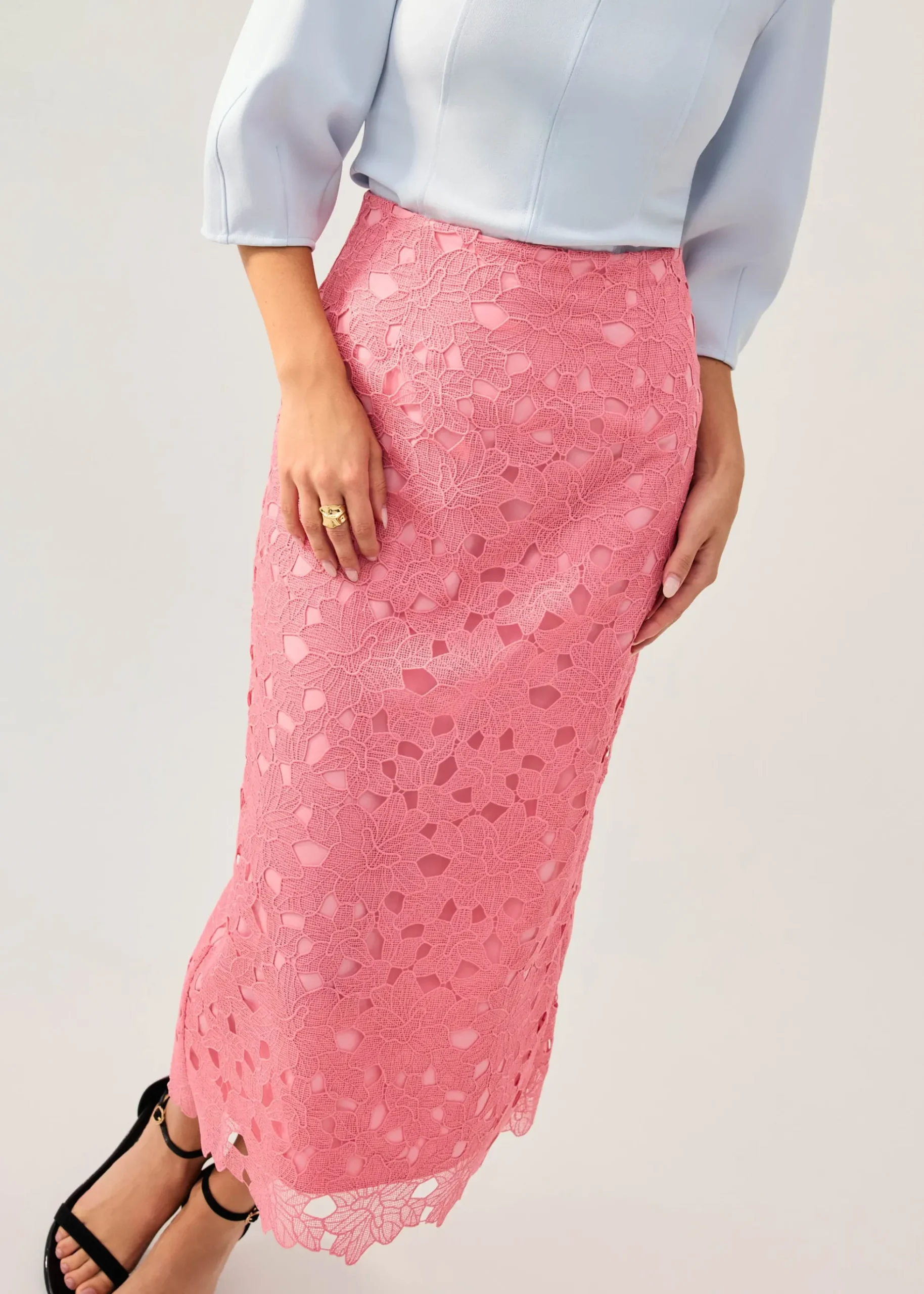 Floral Lace Column Midi Skirt