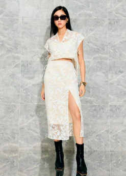 Floral Sequin High Waist Side Slit Column Midaxi Skirt