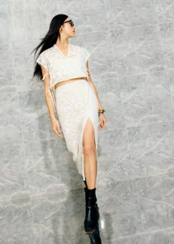 Floral Sequin High Waist Side Slit Column Midaxi Skirt