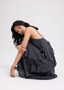 Georgette Halter Trapeze Frill Maxi Dress