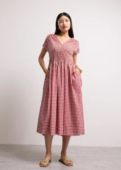 Gingham Seersucker V-neck Cap Sleeve Fit & Flare Midaxi Dress