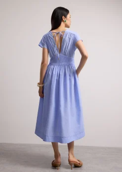 Gingham Seersucker V-neck Cap Sleeve Fit & Flare Midaxi Dress