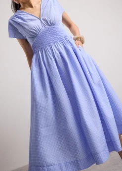 Gingham Seersucker V-neck Cap Sleeve Fit & Flare Midaxi Dress