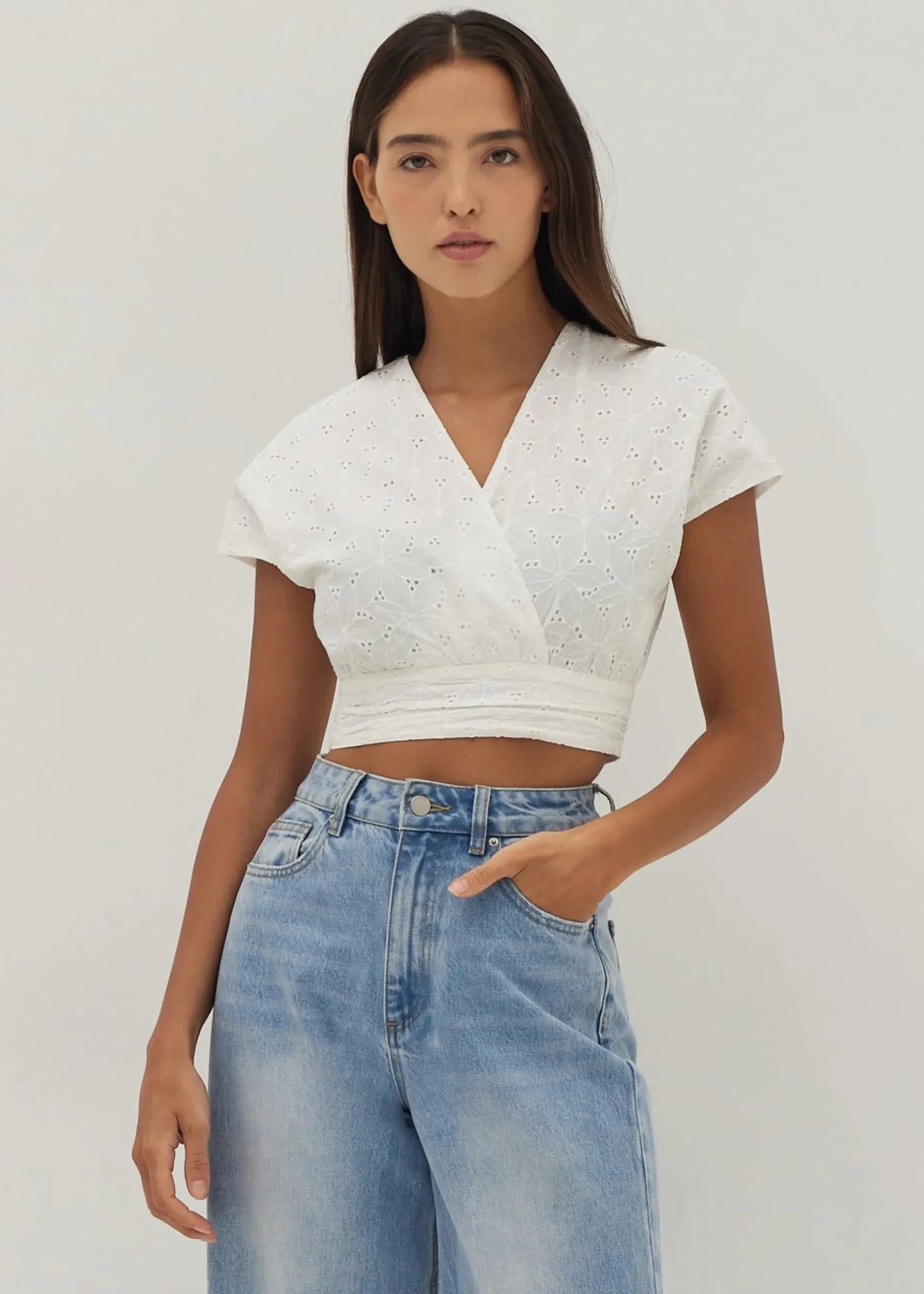 Gloria Broderie Front Wrap Top