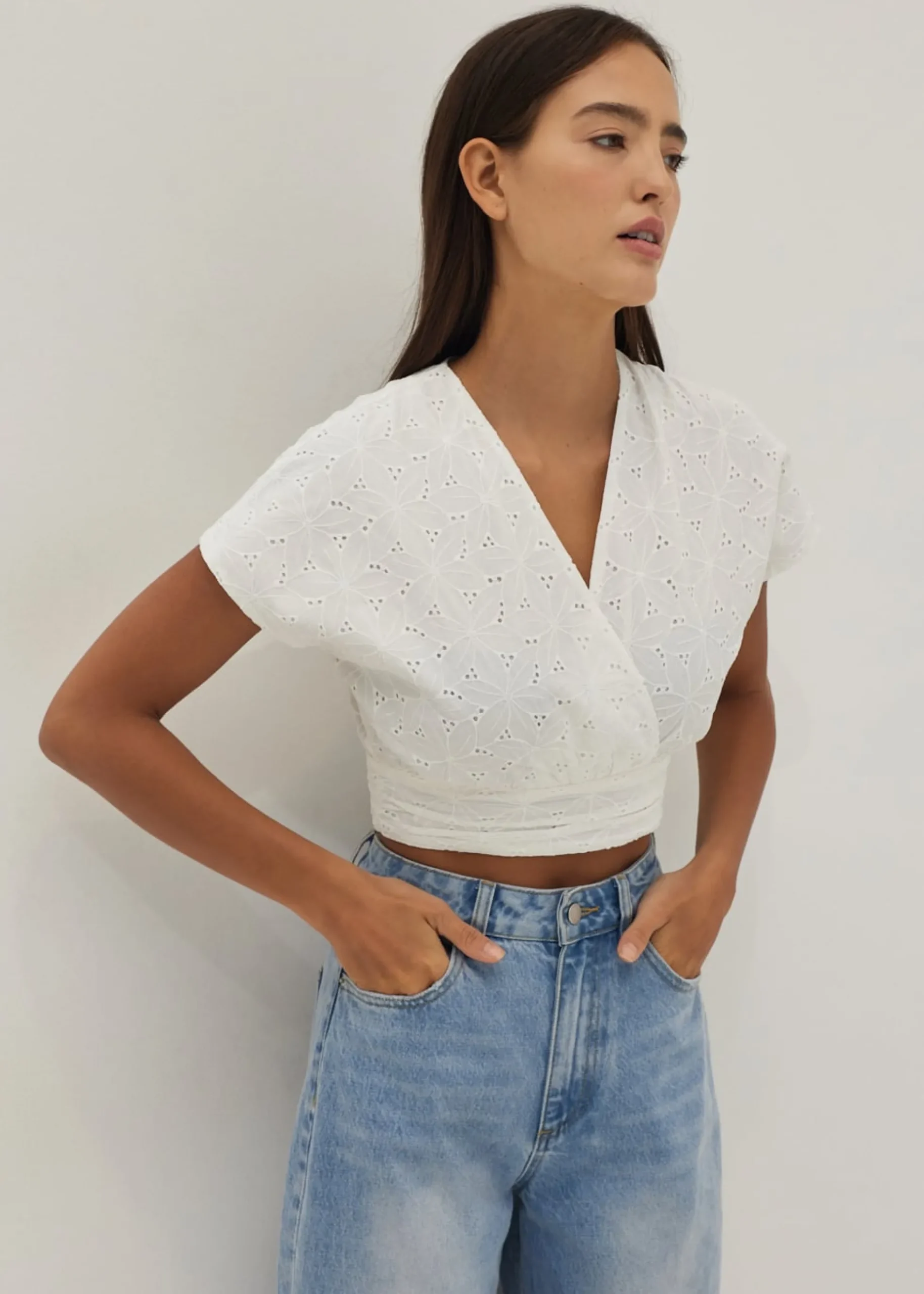 Gloria Broderie Front Wrap Top