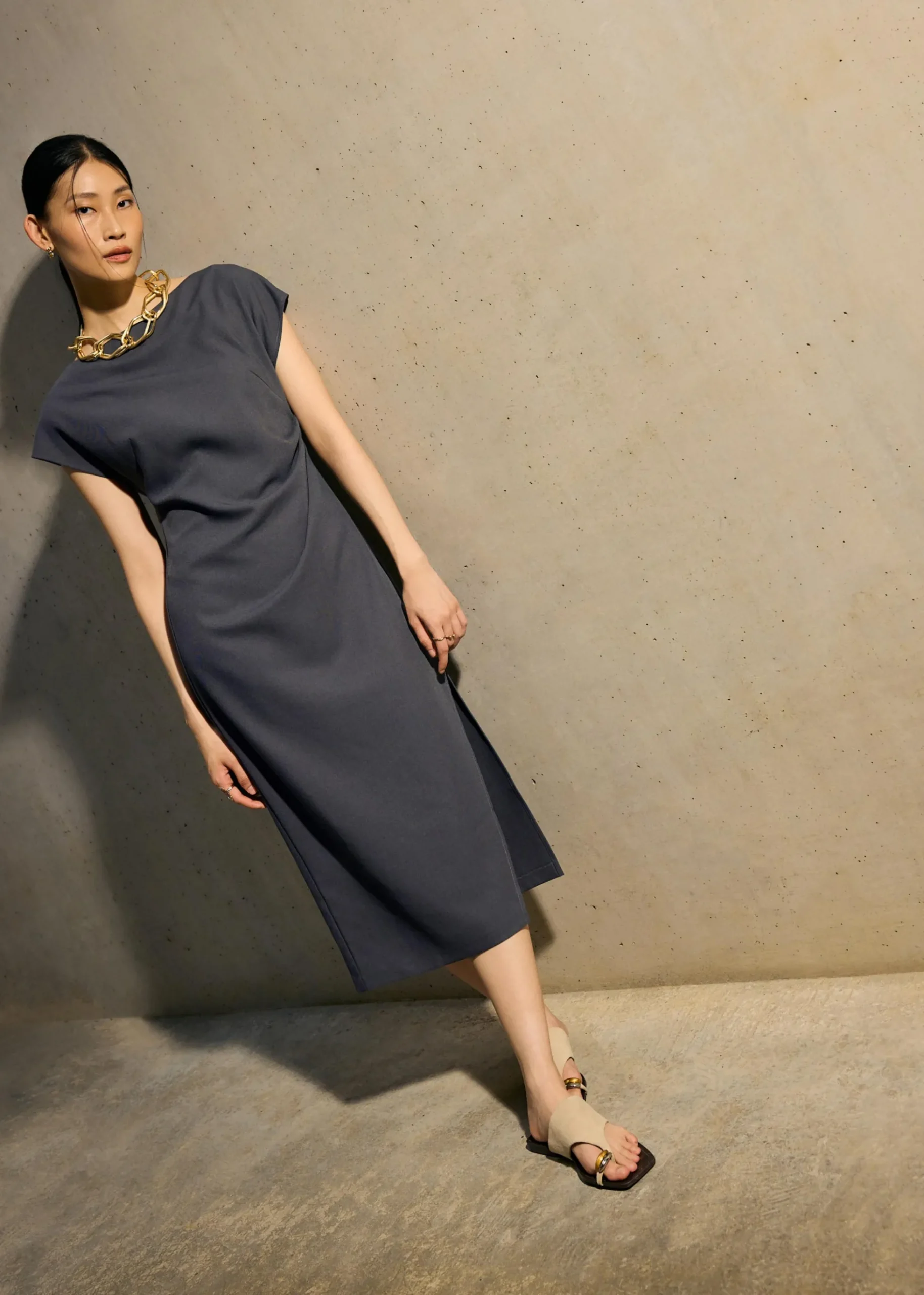 Hansa Boat Neck Column Drape Midaxi Dress