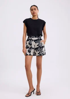 High Waist A-line Tailored Shorts in Midnight Blooms Broderie