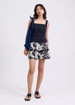 High Waist A-line Tailored Shorts in Midnight Blooms Broderie