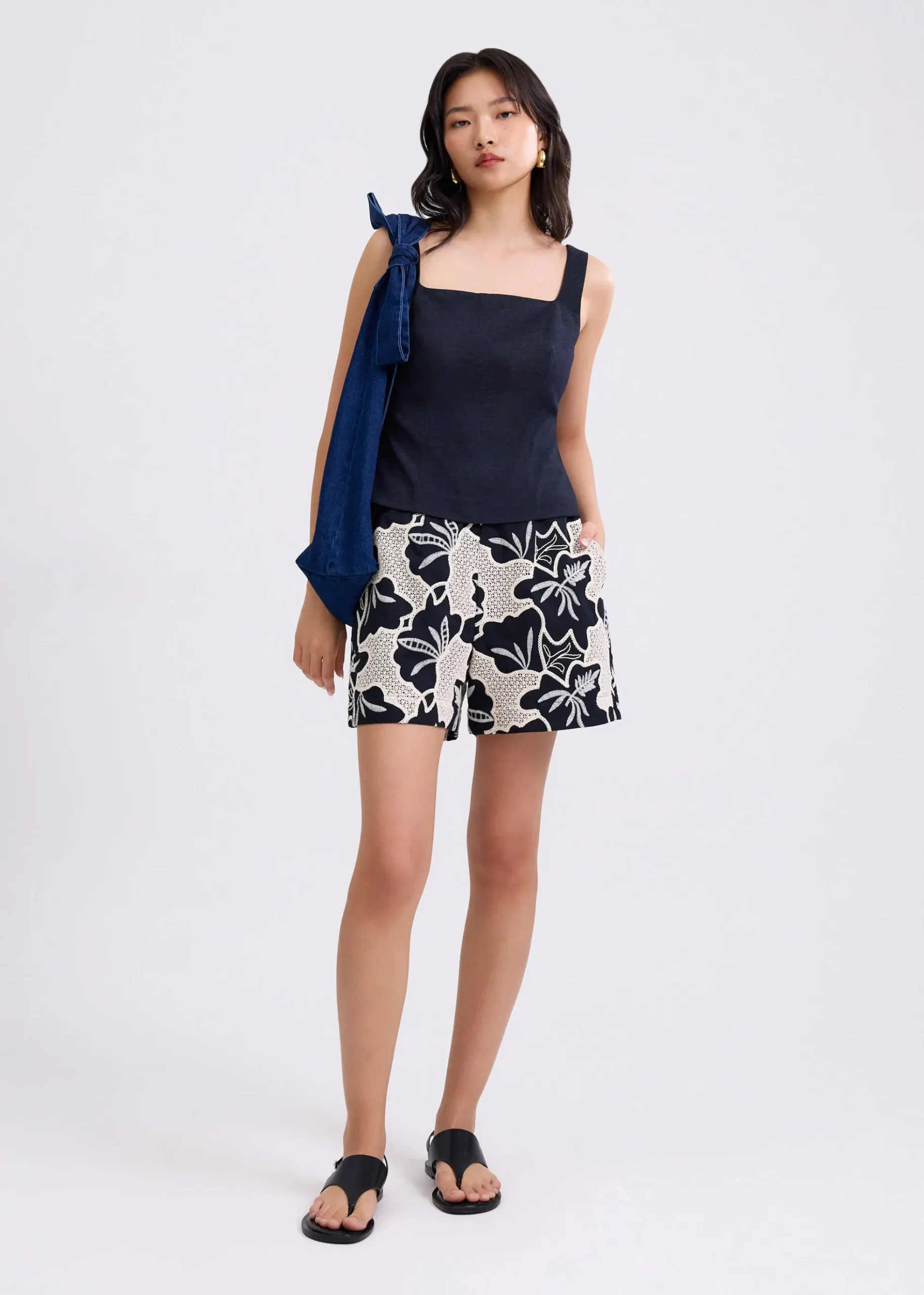 High Waist A-line Tailored Shorts in Midnight Blooms Broderie