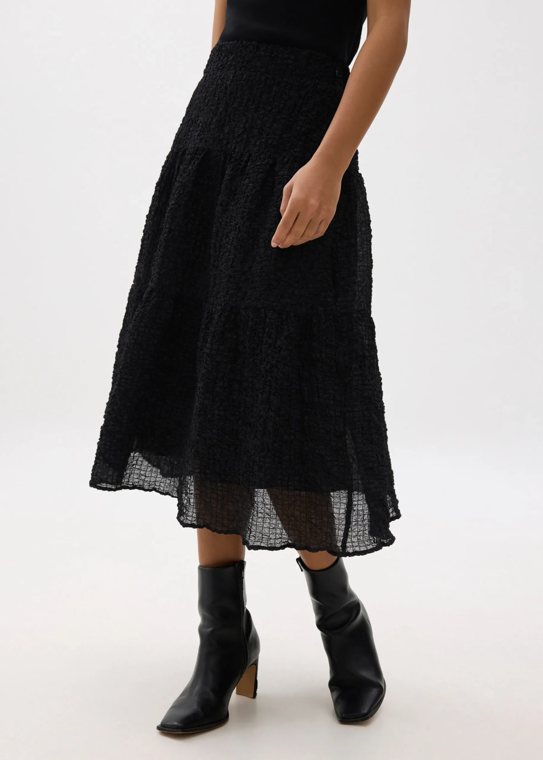 High Waist Crinkled Tiered Flare Midi Skirt