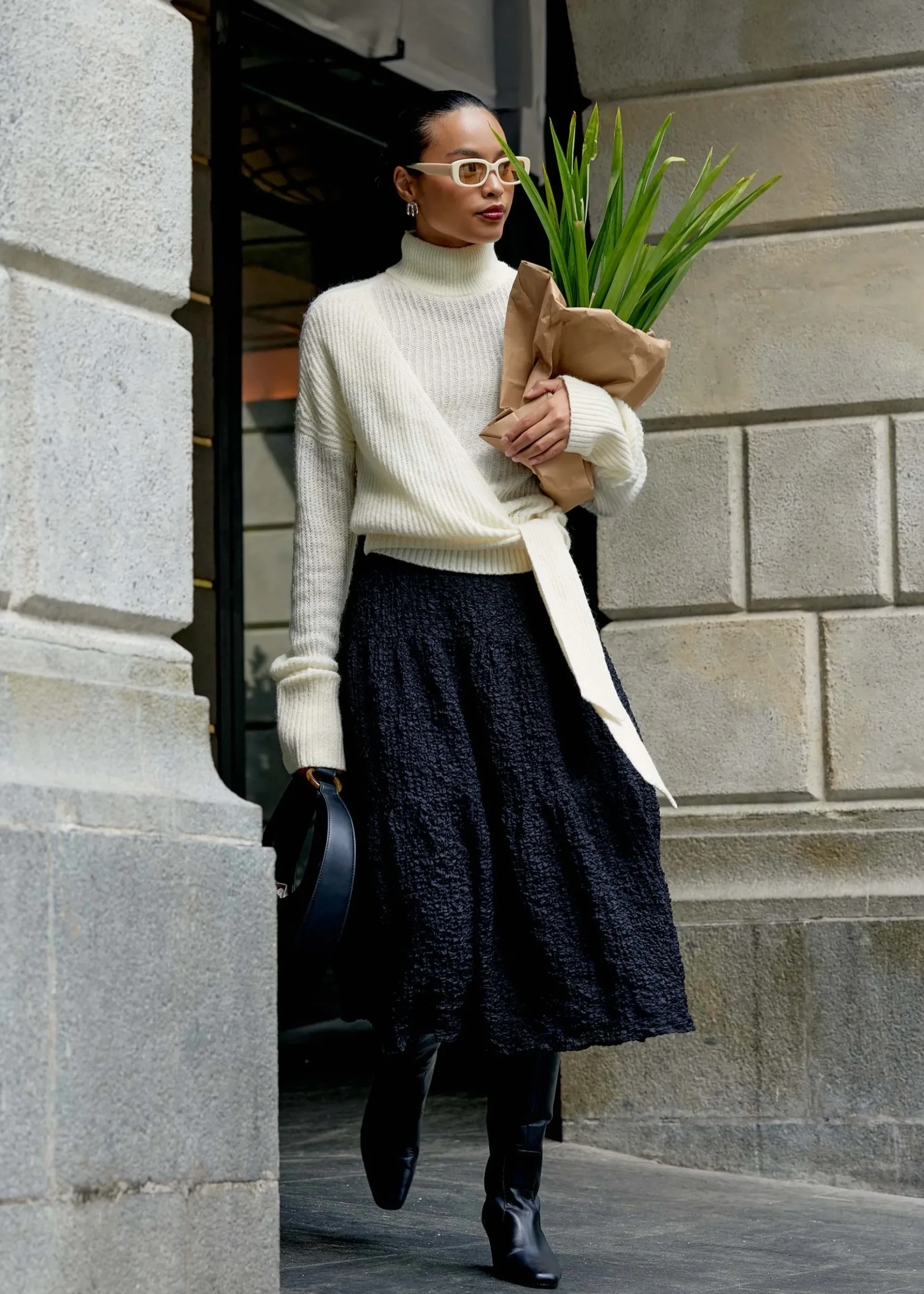 High Waist Crinkled Tiered Flare Midi Skirt