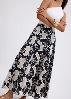 High Waist Flare Maxi Skirt in Midnight Blooms Broderie