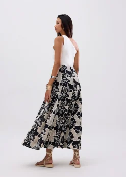 High Waist Flare Maxi Skirt in Midnight Blooms Broderie