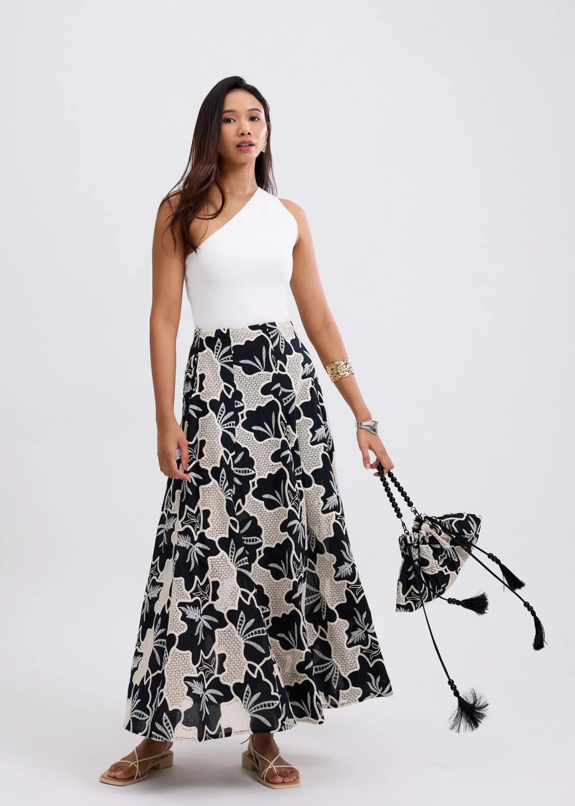 High Waist Flare Maxi Skirt in Midnight Blooms Broderie