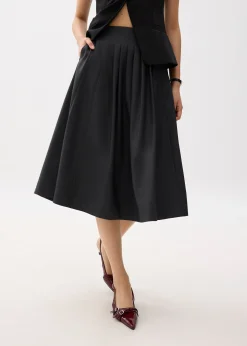 High Waist Pleated Flare Midi Skirt
