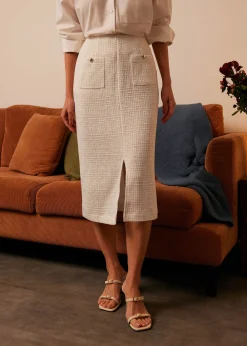 High Waist Tweed Column Midi Skirt
