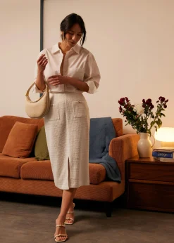High Waist Tweed Column Midi Skirt
