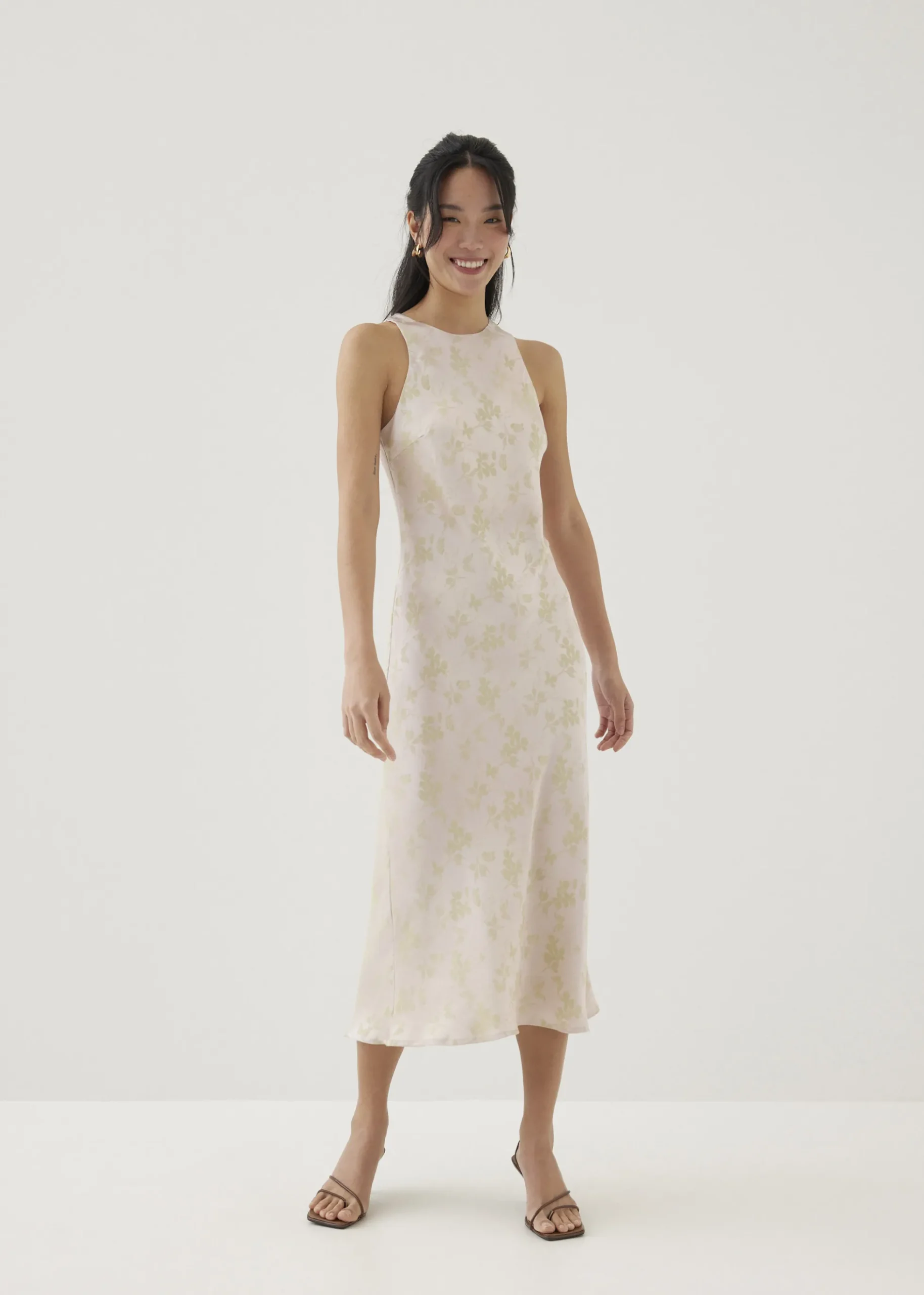 Ila Satin Bias Cut Midi Dress in Opulent Florals