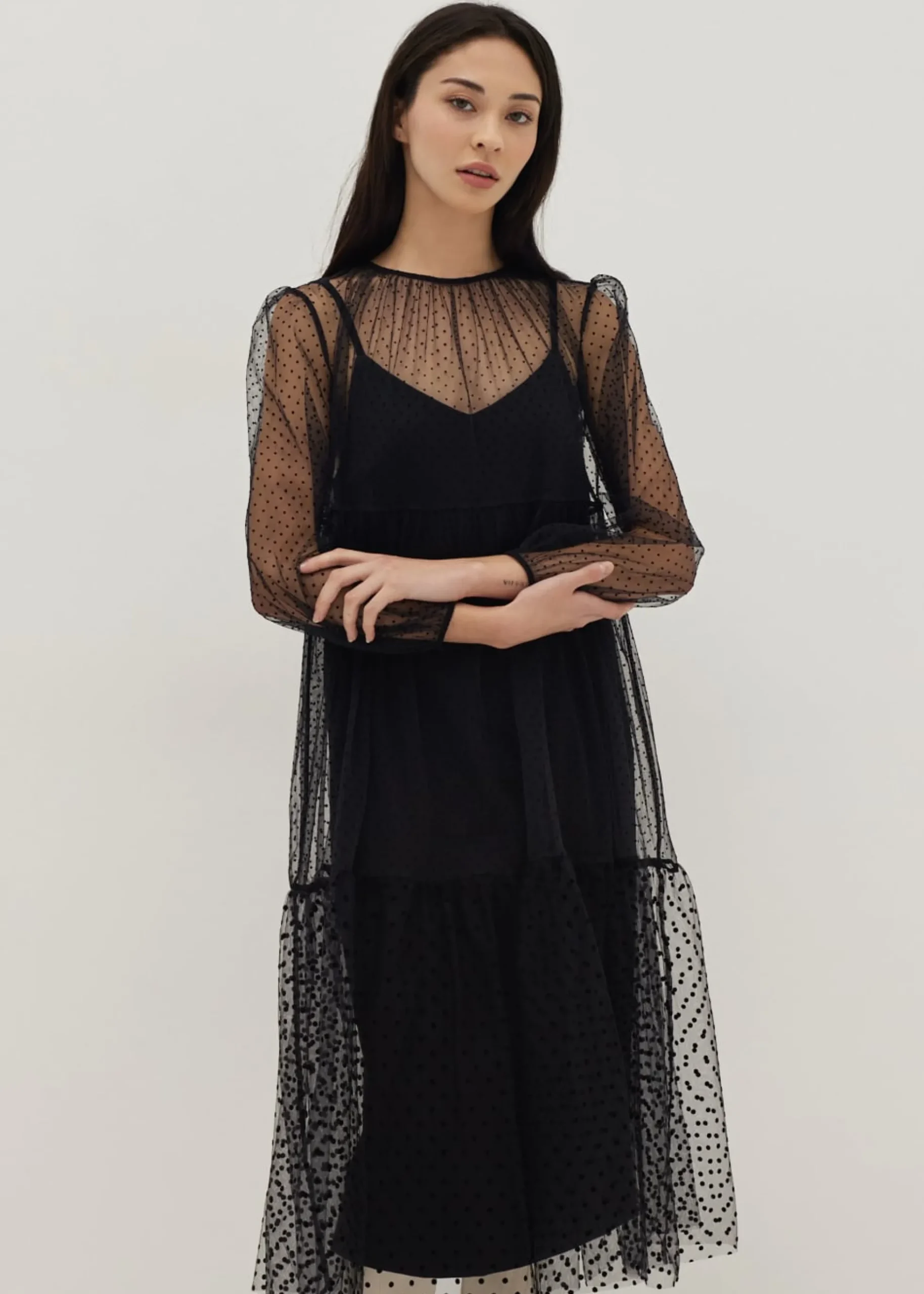 2-in-1 Polka Dot Flare Midaxi Dress