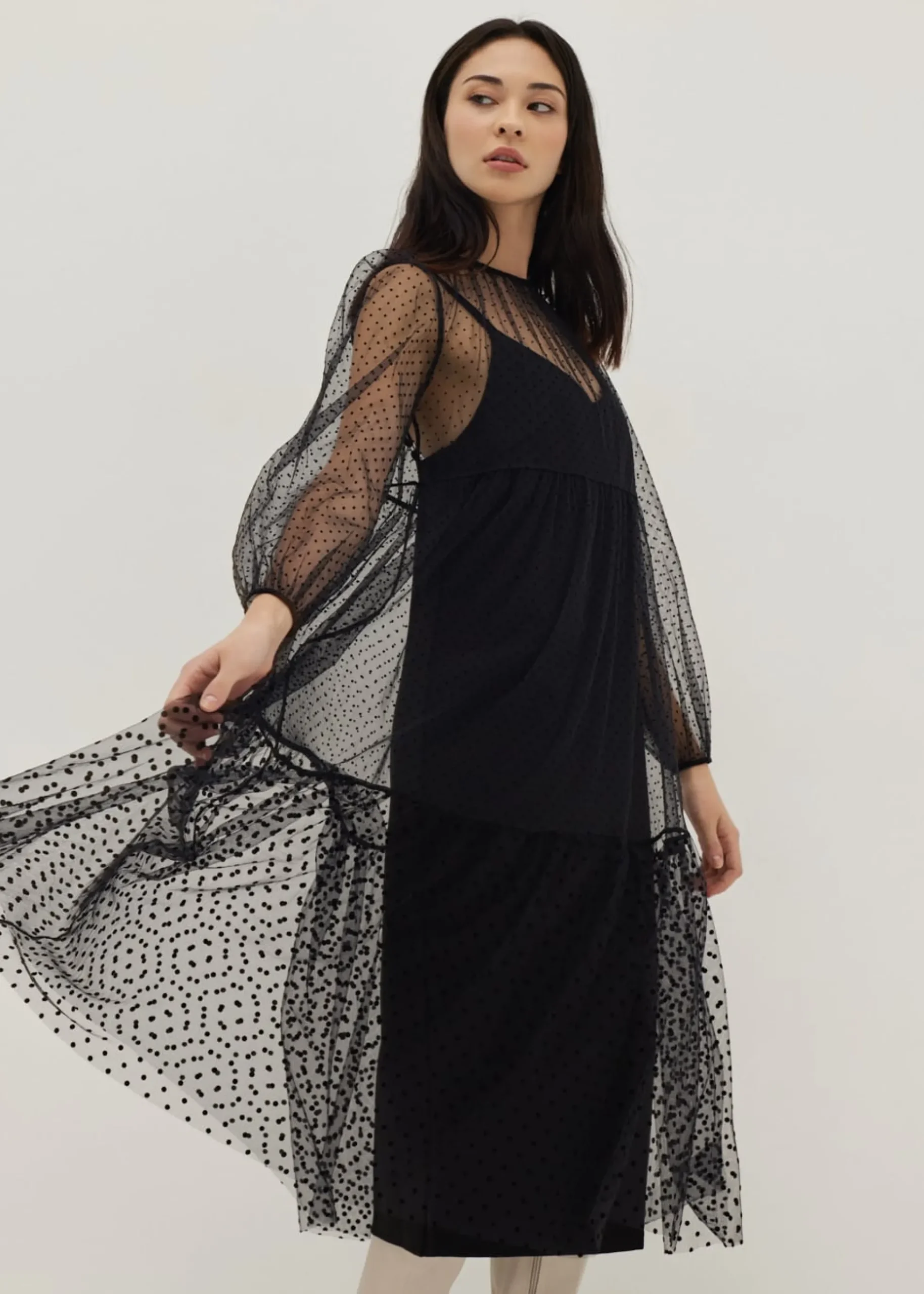 2-in-1 Polka Dot Flare Midaxi Dress