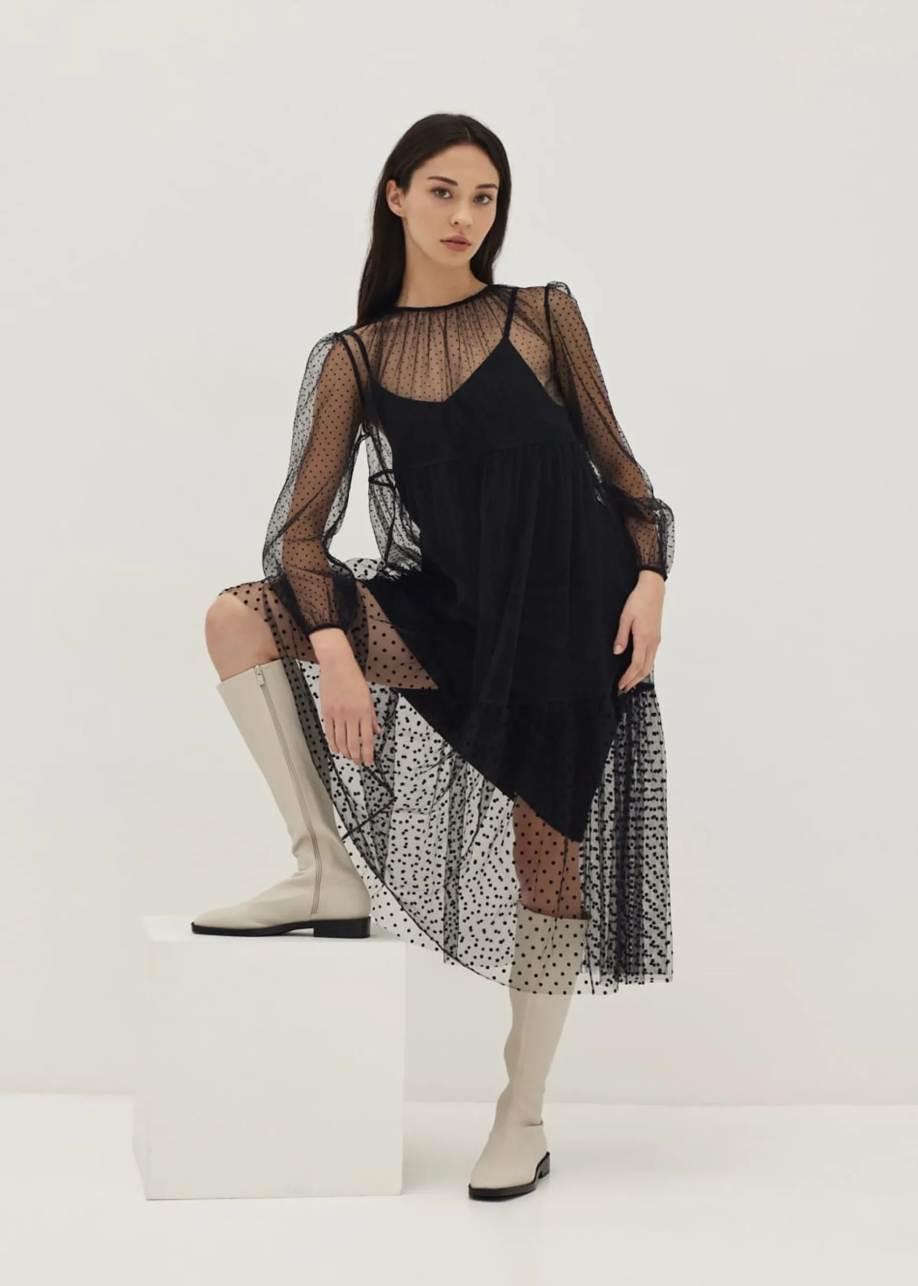 2-in-1 Polka Dot Flare Midaxi Dress