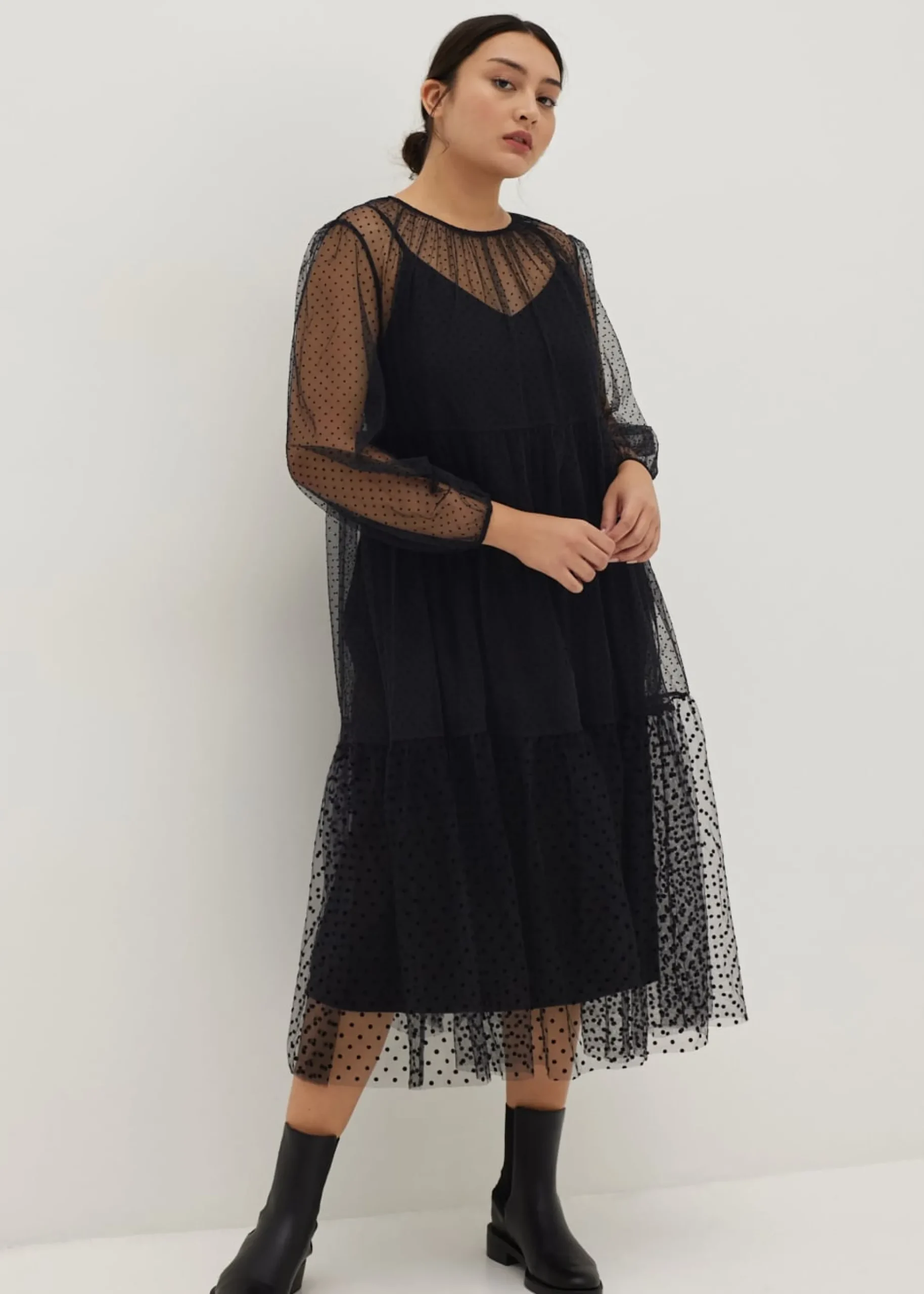 2-in-1 Polka Dot Flare Midaxi Dress