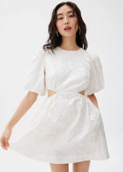 Jacquard Puff Sleeve Fit & Flare Mini Dress