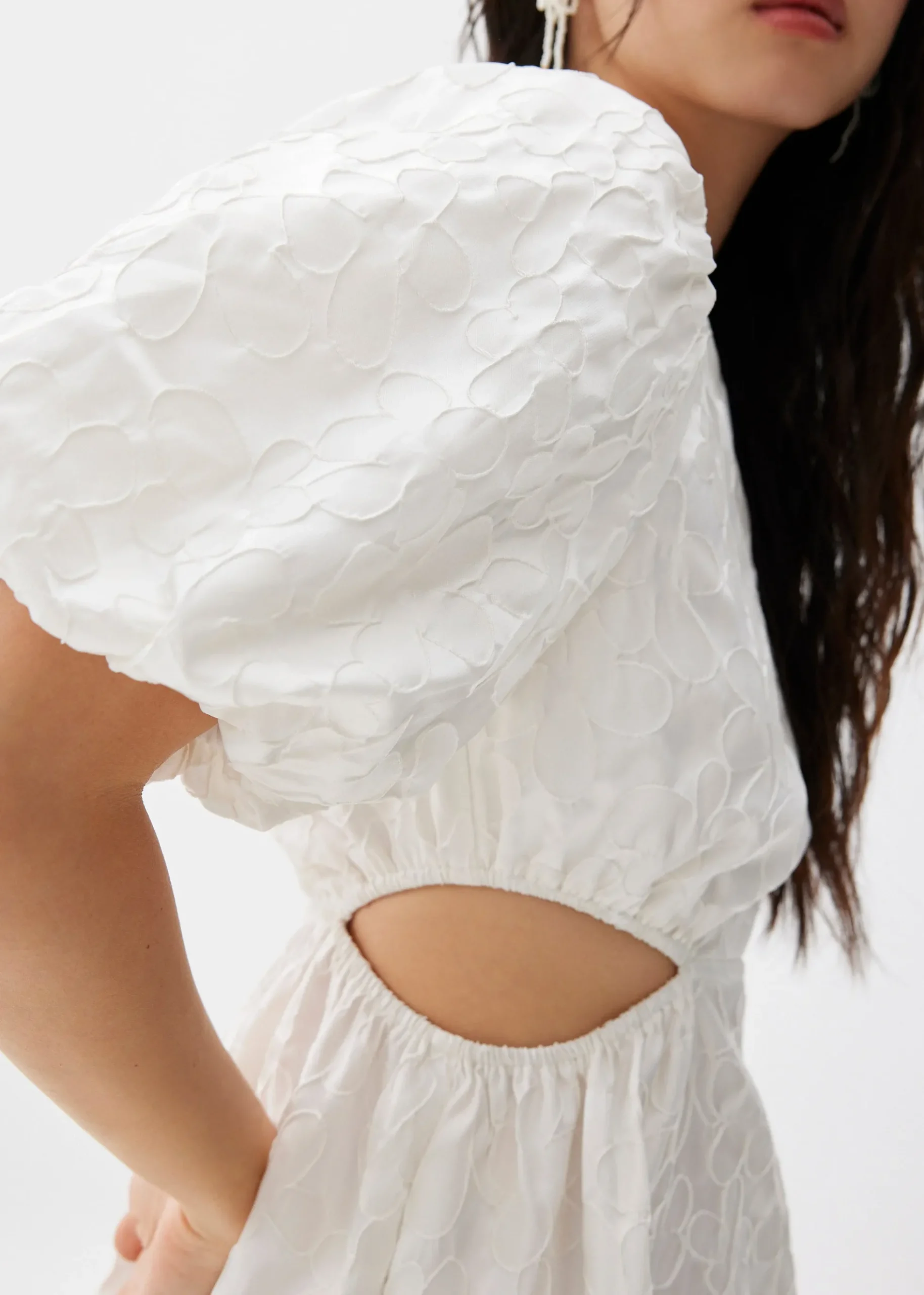 Jacquard Puff Sleeve Fit & Flare Mini Dress