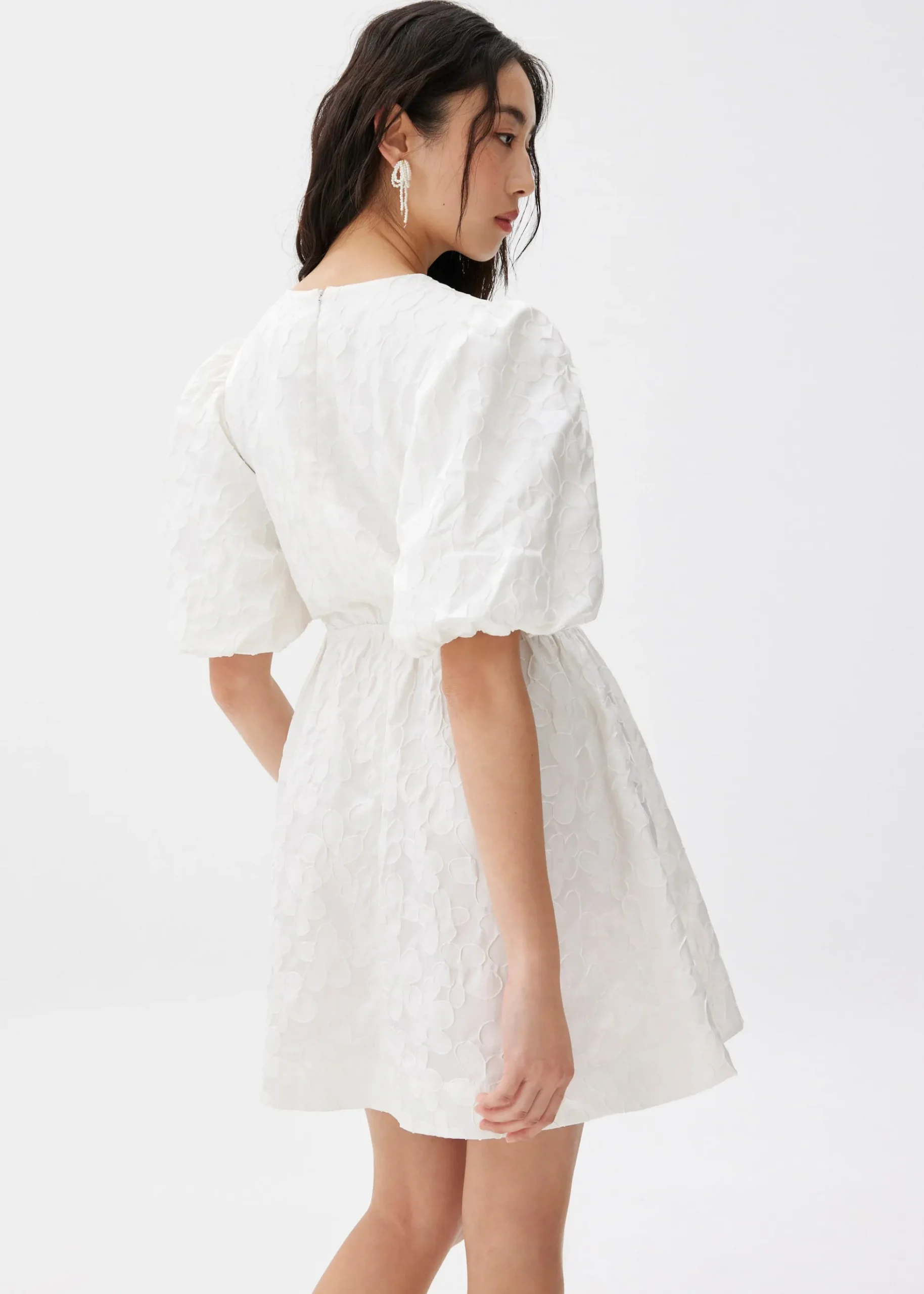 Jacquard Puff Sleeve Fit & Flare Mini Dress