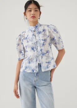Jian Mandarin Collar Puff Sleeve Blouse in Heirloom Botanicals