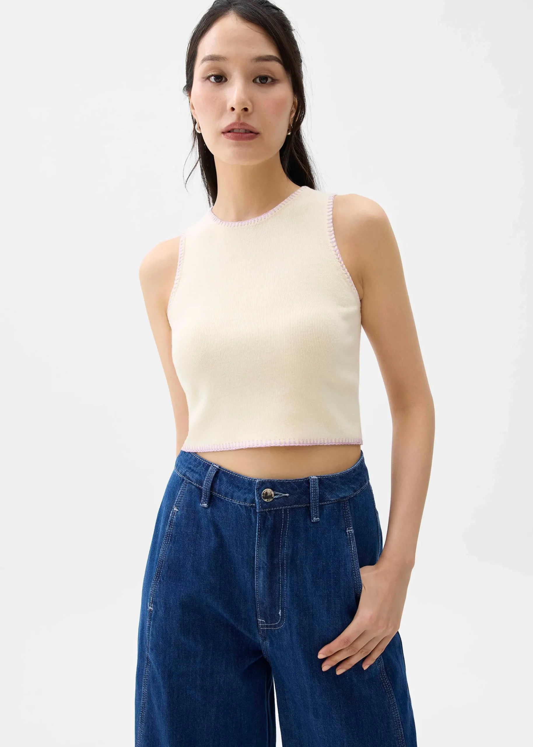 Knit Contrast Stitch Crop Tank Top