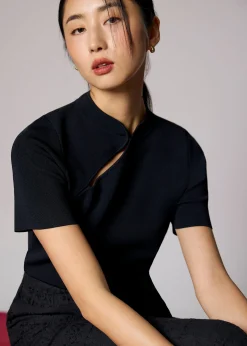 Knit Fitted Mandarin Collar Top