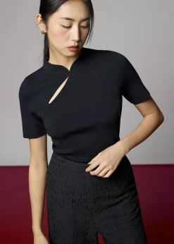 Knit Fitted Mandarin Collar Top