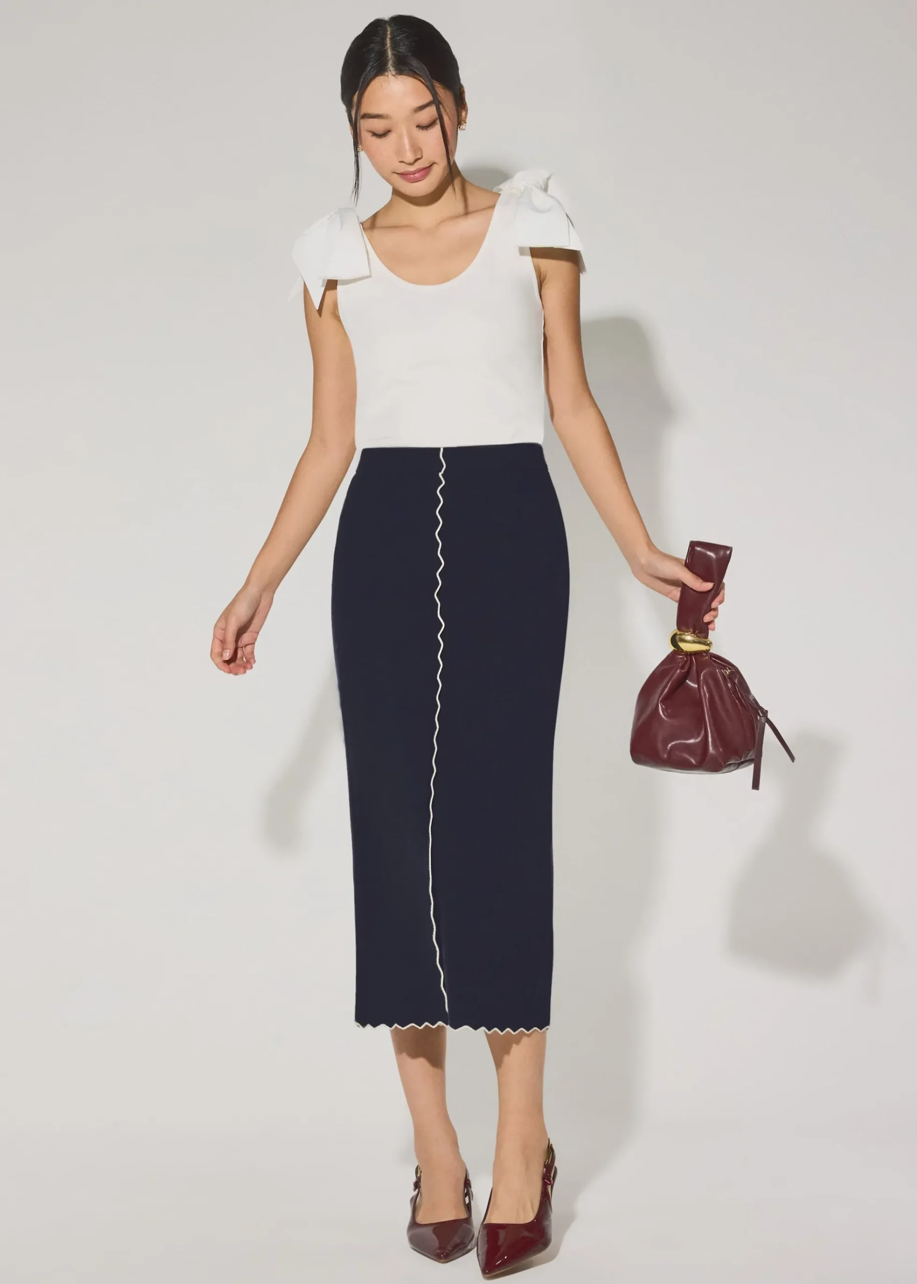 Knit Scallop Edge Column Midi Skirt