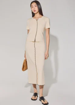 Knit Scallop Edge Fitted Button Down Top