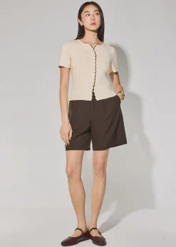 Knit Scallop Edge Fitted Button Down Top