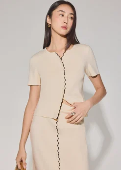 Knit Scallop Edge Fitted Button Down Top