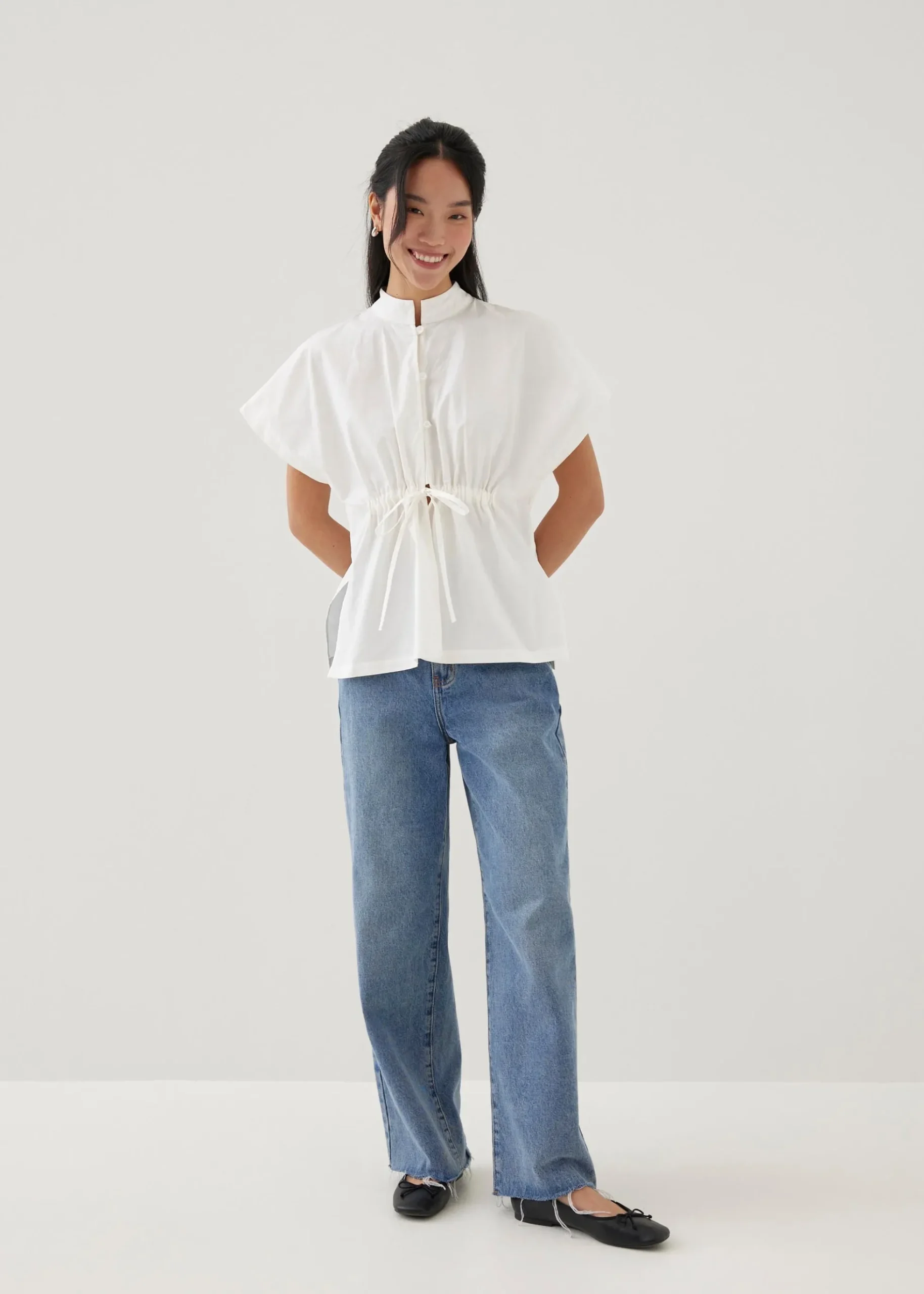 Lienne Elastic Poplin Mandarin Collar Shirt
