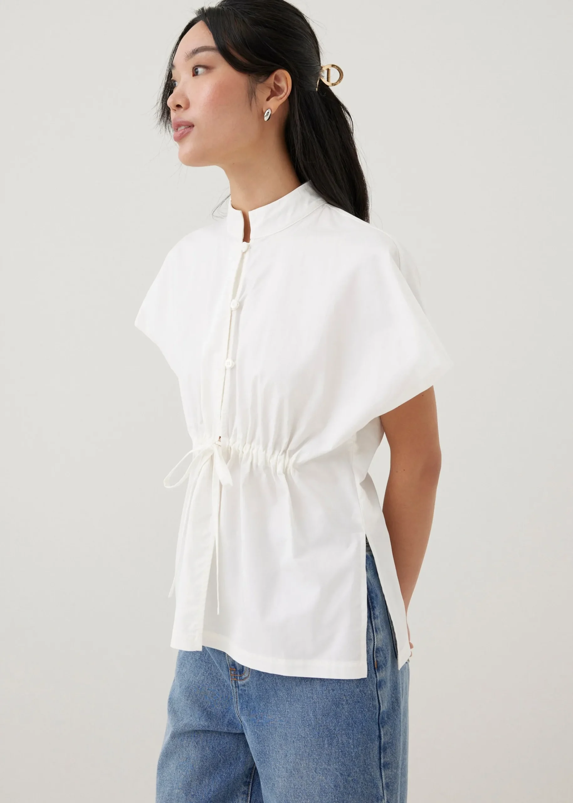 Lienne Elastic Poplin Mandarin Collar Shirt