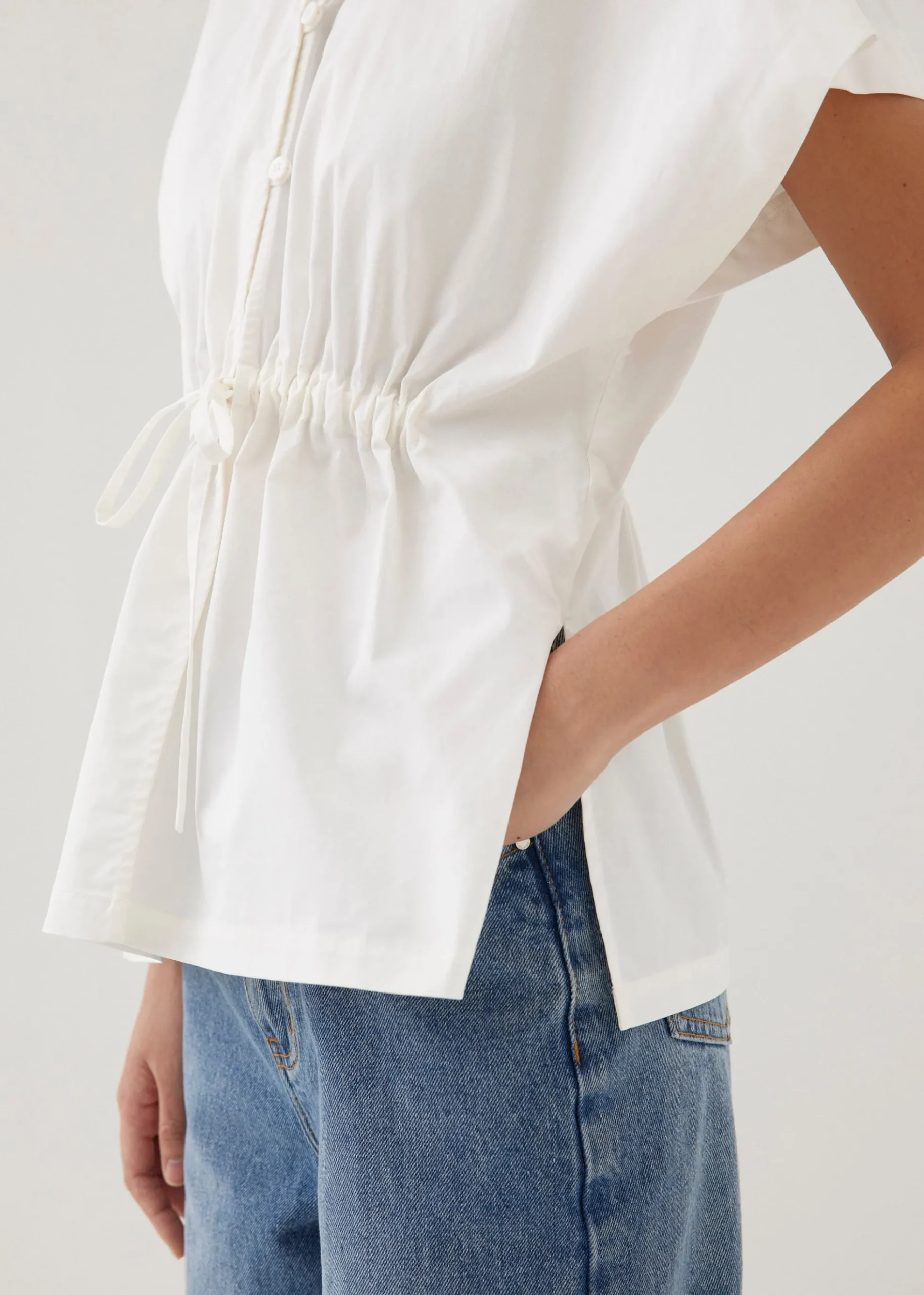 Lienne Elastic Poplin Mandarin Collar Shirt