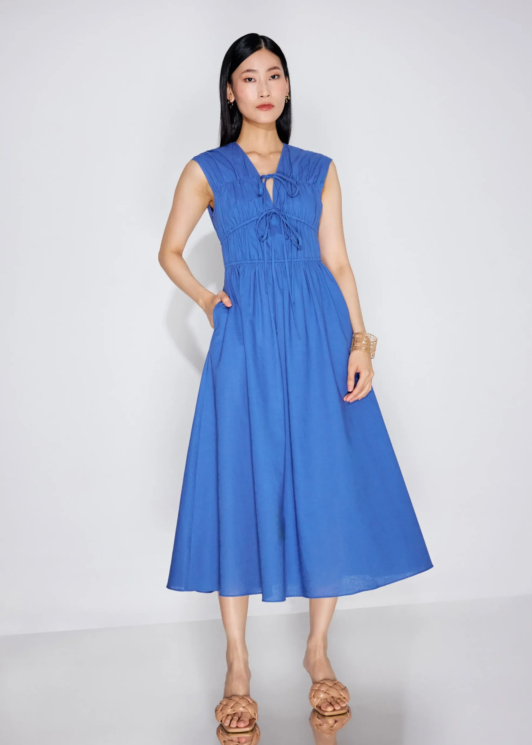 Linen Front Tie Fit & Flare Elastic Midaxi Dress
