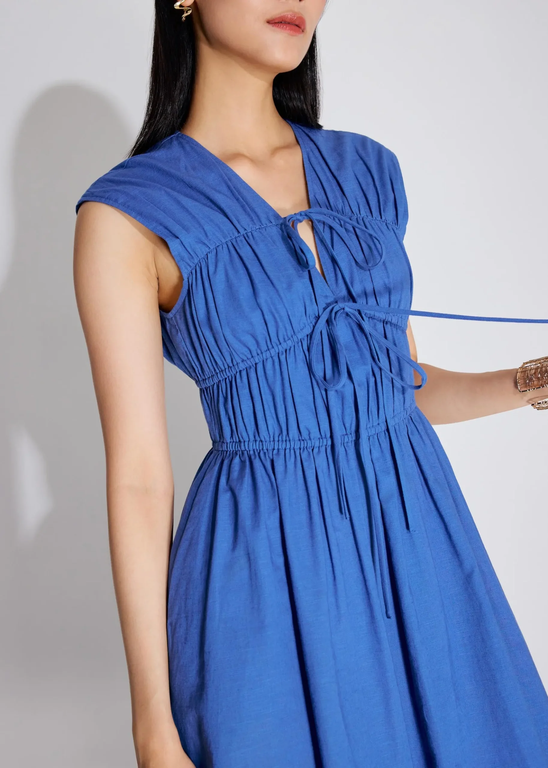 Linen Front Tie Fit & Flare Elastic Midaxi Dress