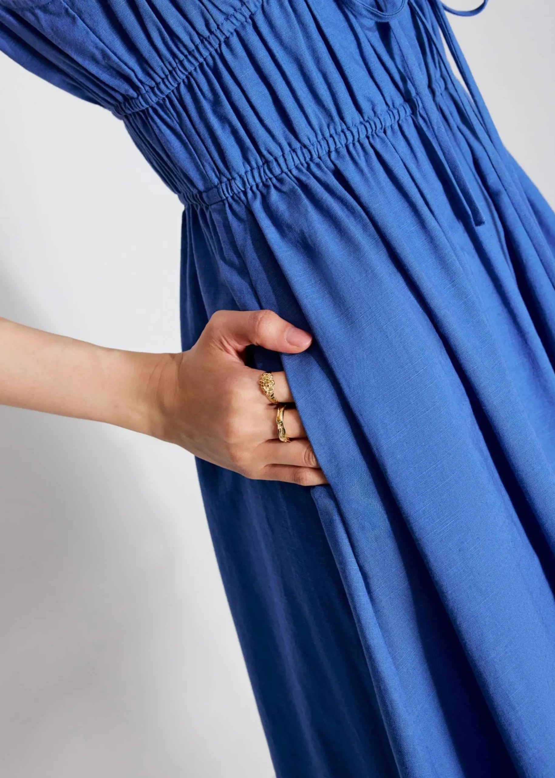 Linen Front Tie Fit & Flare Elastic Midaxi Dress