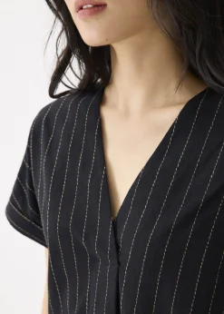 Linen Striped V-neck Shift Mini Dress