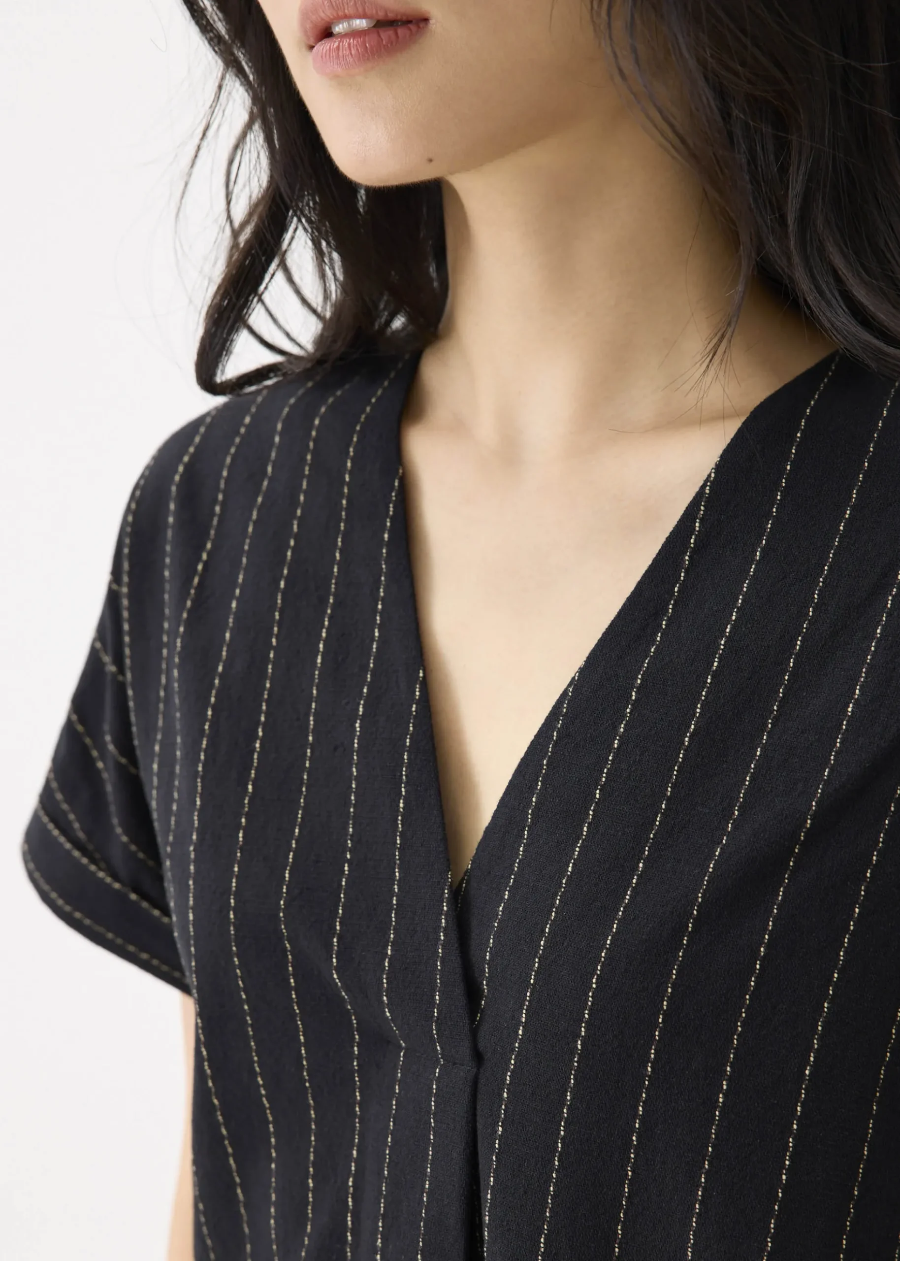 Linen Striped V-neck Shift Mini Dress