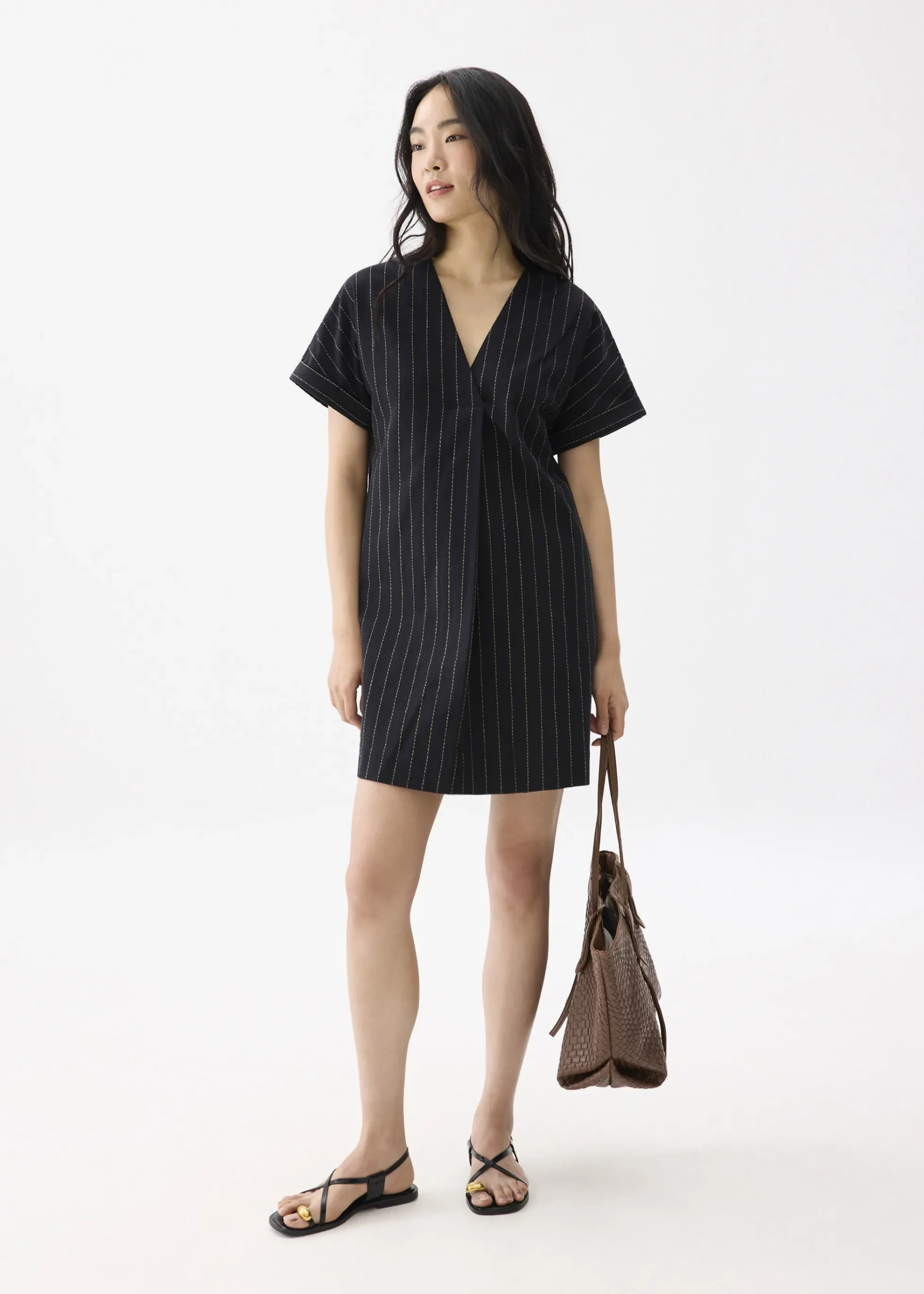 Linen Striped V-neck Shift Mini Dress