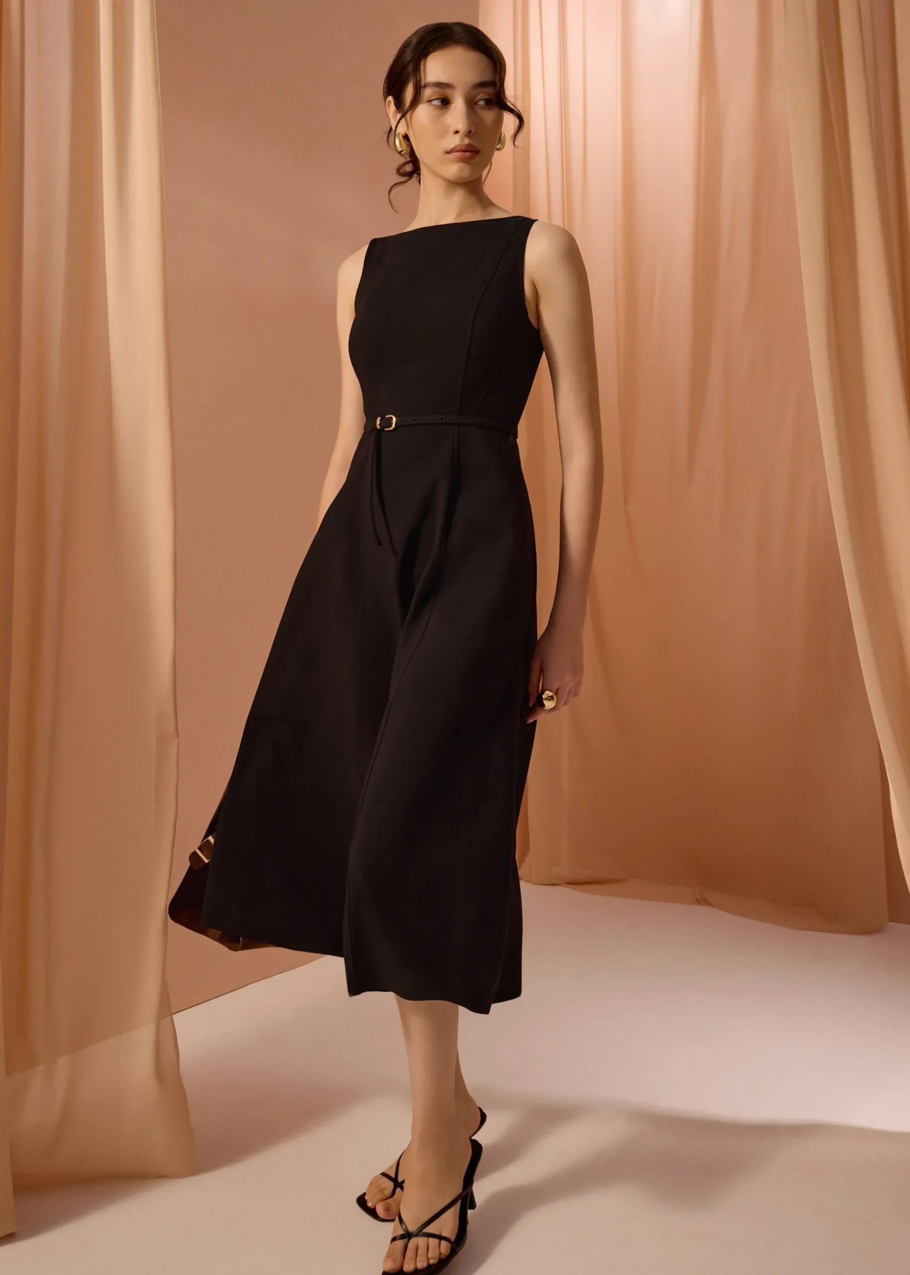 Ling Belted Boat Neck Fit & Flare Midaxi Dress